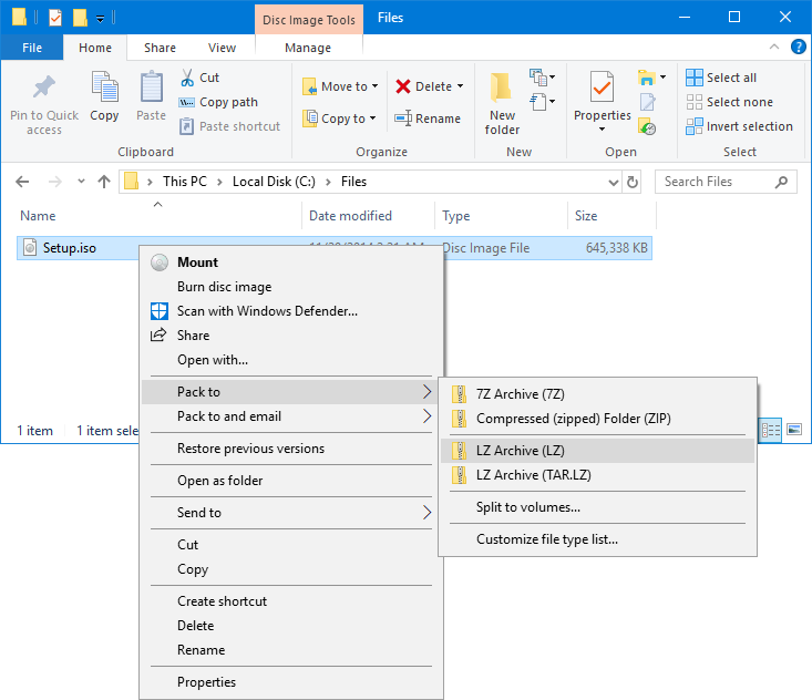 Упаковка файла в lzip формат в Windows Explorer